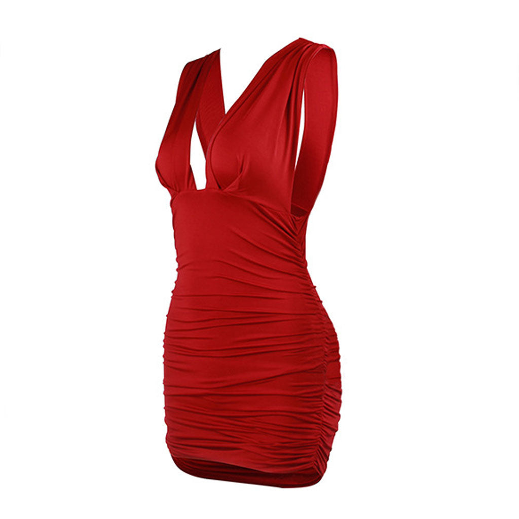 V Neck Ruched Bodycon Strapless Party Mini Dress - Burgundy