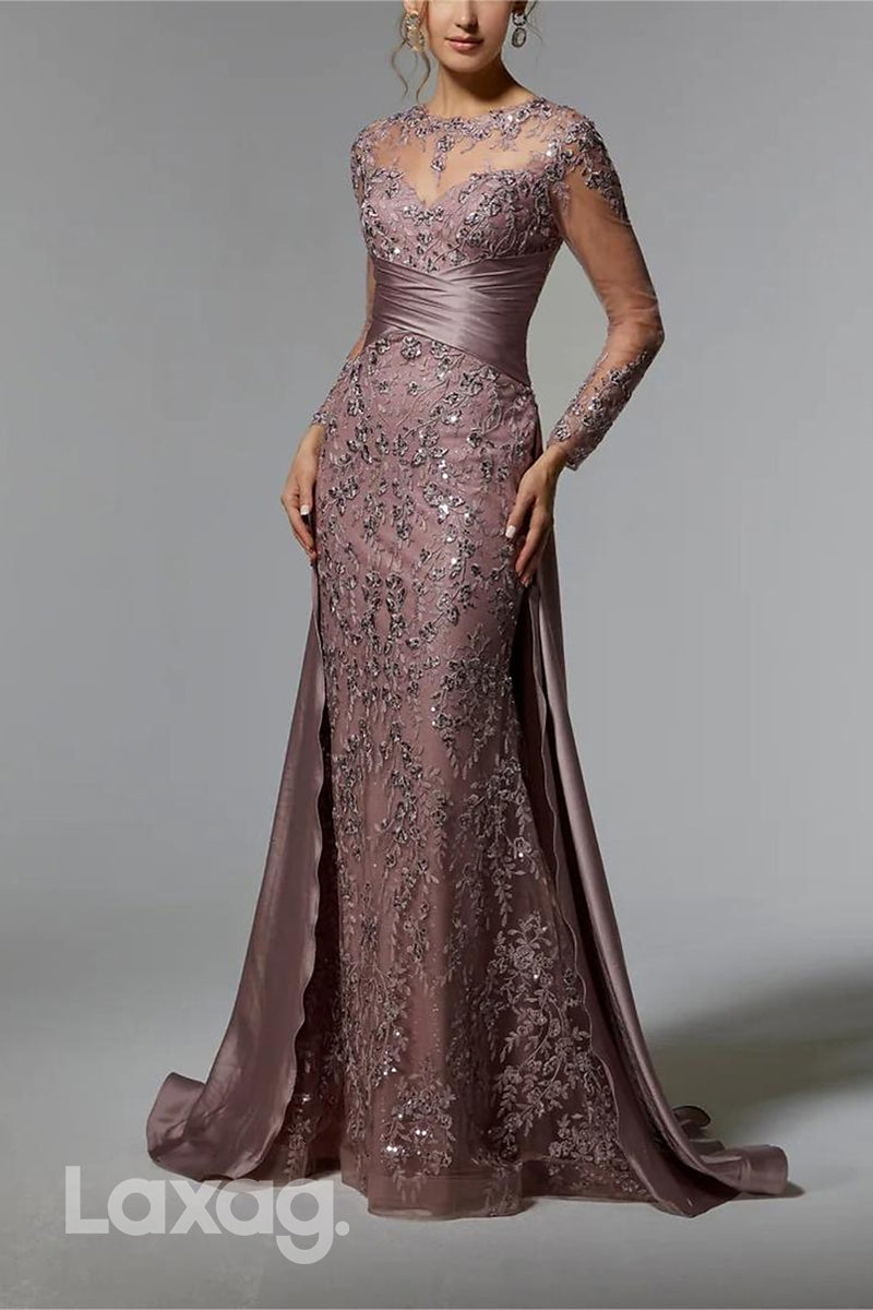 22504 - Trumpet Scoop Long Sleeves Appliques with Train Mother of the Bride Dress - Fashionpara