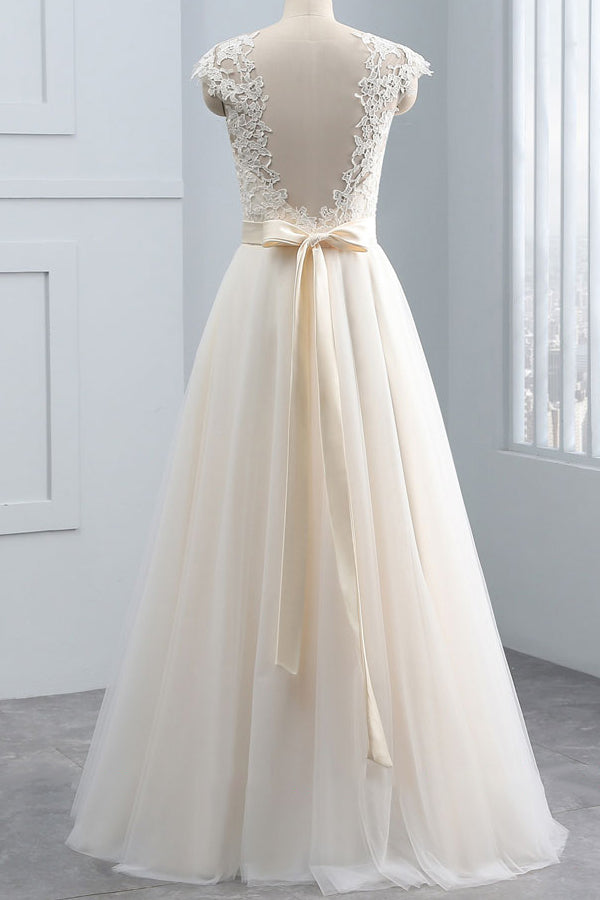 Unique Appliques Champagne Sleeveless Wedding Dresses Straps Chiffon A-line Bridal Gown On Sale