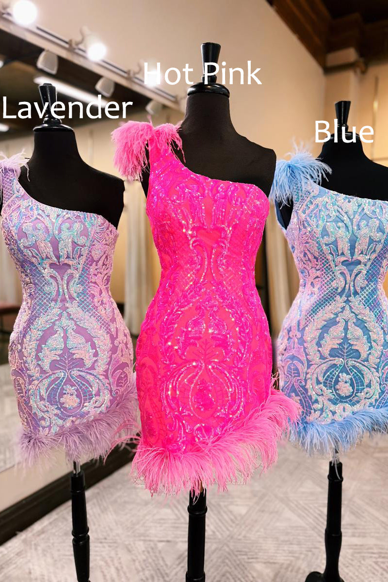 Unique Bodycon One-Shoulder Hot Pink Sequined Lace Short Homecoming Dress with Feathers