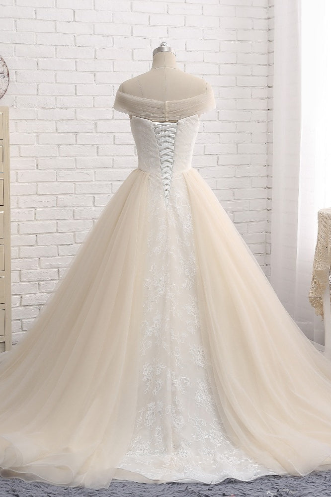 Unique Champagne Bateau Lace Wedding Dresses With Appliques Tulle Ruffles Bridal Gowns