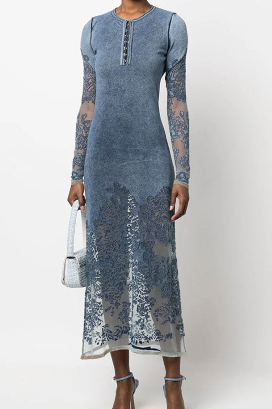 Unique Crew Neck Sheer Floral Lace Panel Long Sleeve Knit Midi Dress - Blue