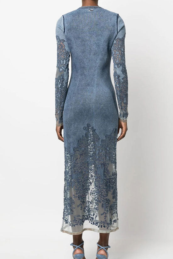 Unique Crew Neck Sheer Floral Lace Panel Long Sleeve Knit Midi Dress - Blue