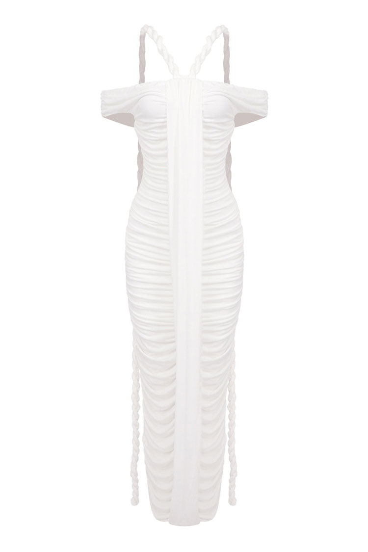 Unique Draped Rope Off Shoulder Ruched Bodycon Jersey Evening Maxi Dress