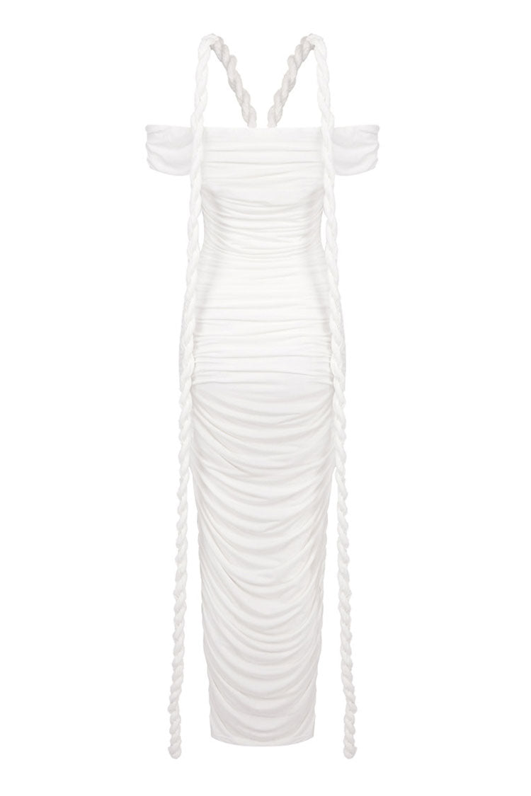 Unique Draped Rope Off Shoulder Ruched Bodycon Jersey Evening Maxi Dress