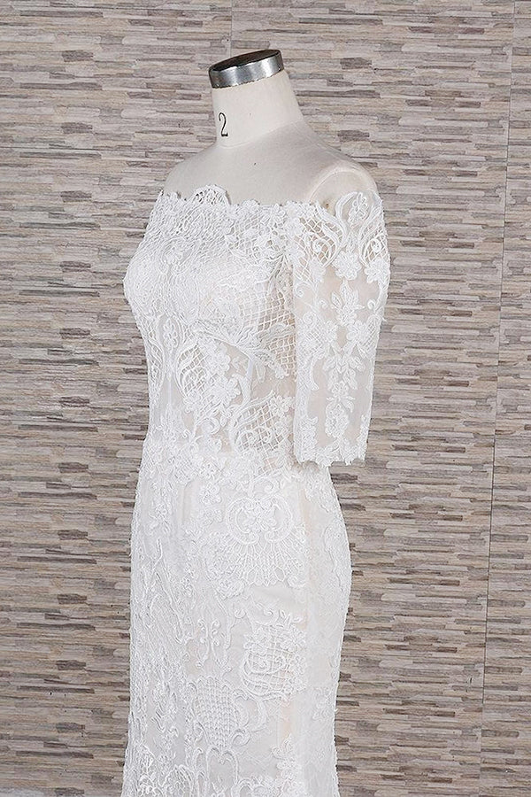 Unique Halfsleeves Lace Mermaid Wedding Dresses Champagne Bateau Bridal Gowns On Sale