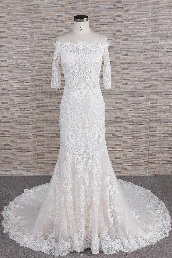 Unique Halfsleeves Lace Mermaid Wedding Dresses Champagne Bateau Bridal Gowns On Sale