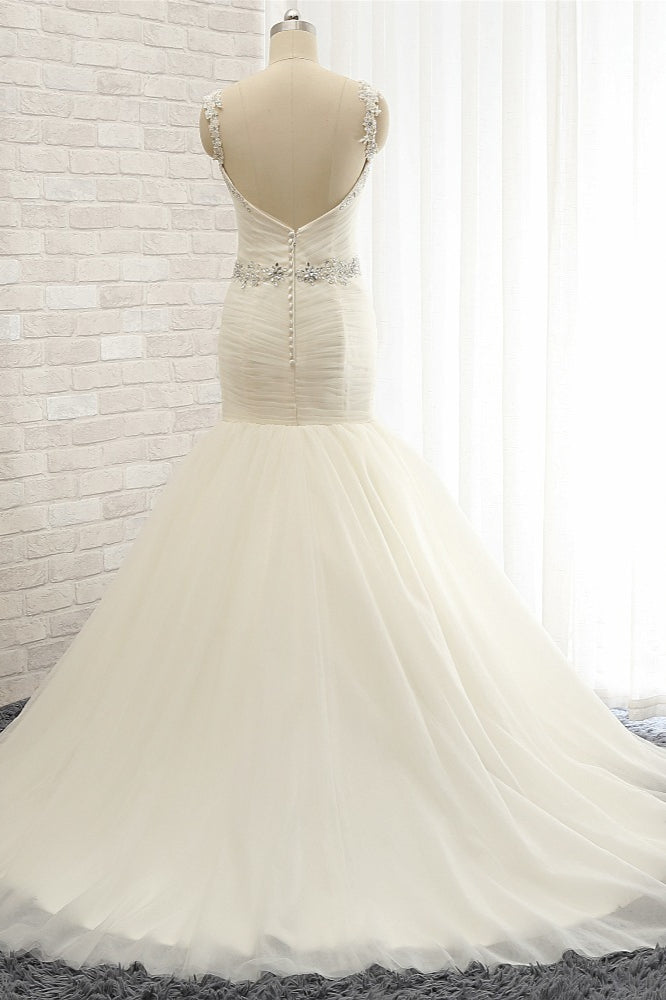 Unique Ivory Straps Mermaid Wedding Dresses Tulle Ruffles Sequins Bridal Gowns