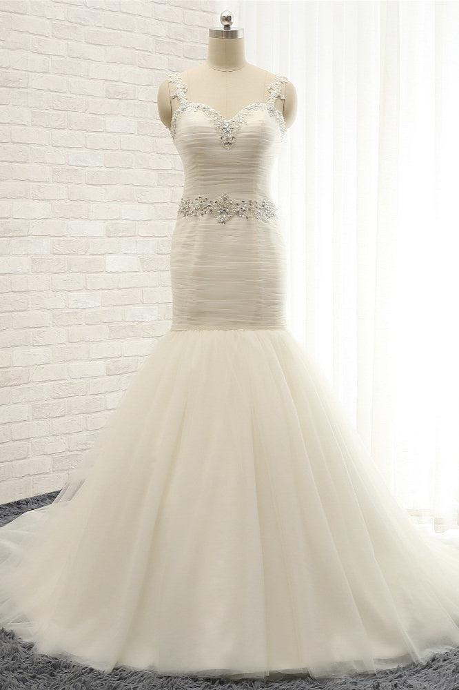 Unique Ivory Straps Mermaid Wedding Dresses Tulle Ruffles Sequins Bridal Gowns