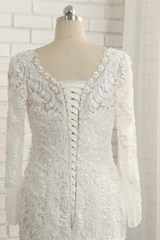 Unique Mermaid Longsleeves V-neck Wedding Dresses White Lace Bridal Gowns With Appliques On Sale