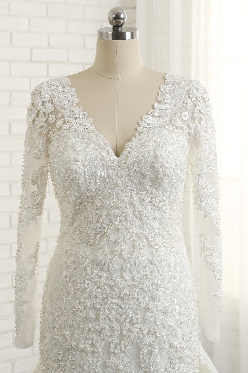 Unique Mermaid Longsleeves V-neck Wedding Dresses White Lace Bridal Gowns With Appliques On Sale