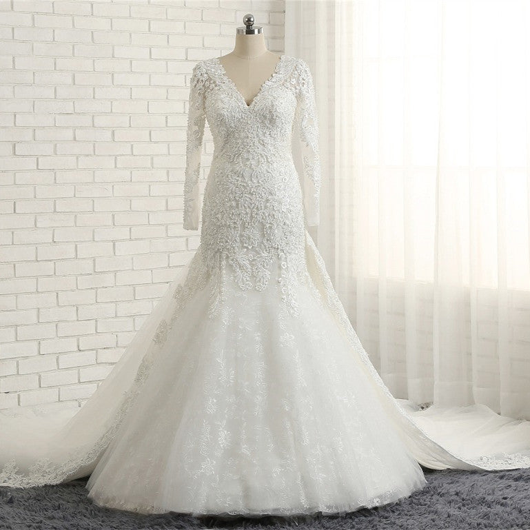 Unique Mermaid Longsleeves V-neck Wedding Dresses White Lace Bridal Gowns With Appliques On Sale