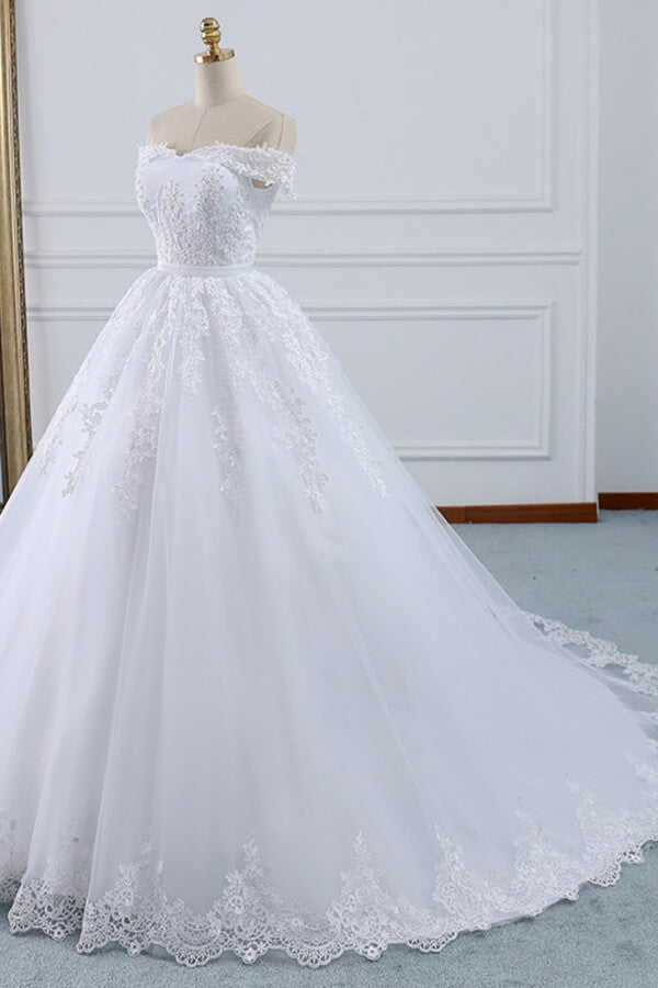 Unique Off the Shoulder Appliques Lace Wedding Dress Ball Gown White A-line Bridal Gowns On Sale