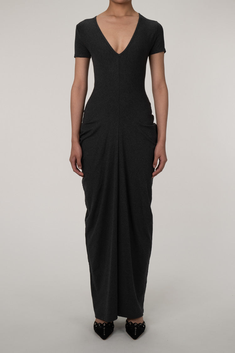 Unique Plunge Short Sleeve Draped Detail Cinch Waist Jersey Maxi Dress