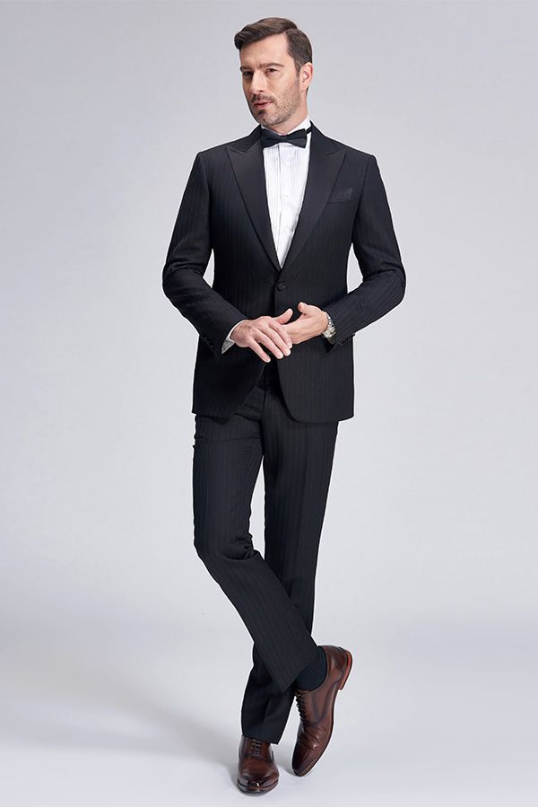 Unique Silk Peak Lapel Black Mens Suits for Wedding One Button Stripes Wedding Tuxedo