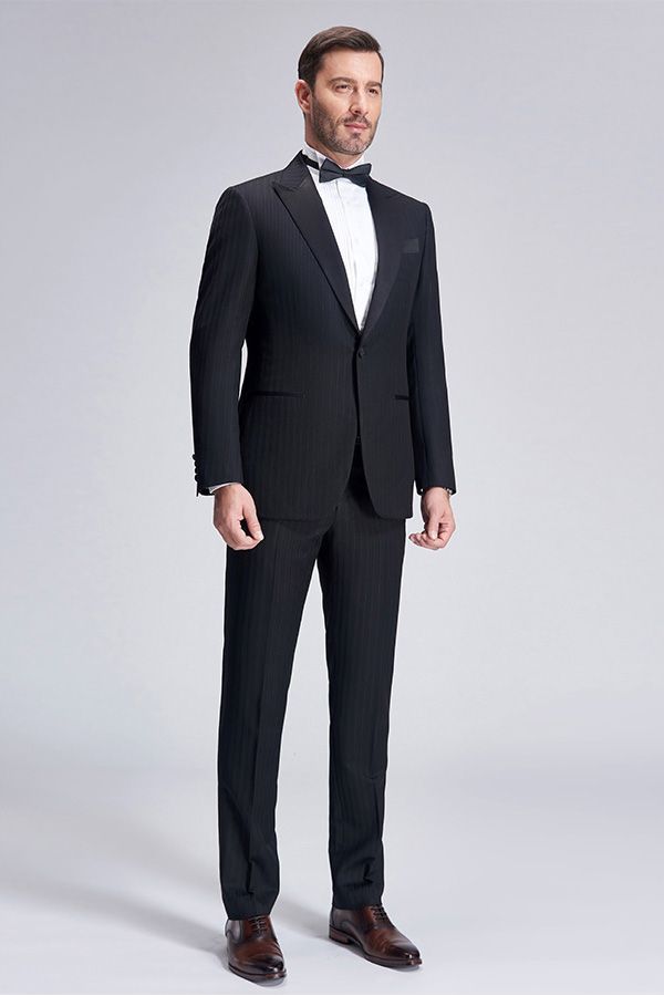 Unique Silk Peak Lapel Black Mens Suits for Wedding One Button Stripes Wedding Tuxedo