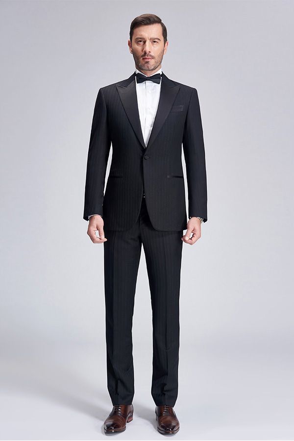 Unique Silk Peak Lapel Black Mens Suits for Wedding One Button Stripes Wedding Tuxedo