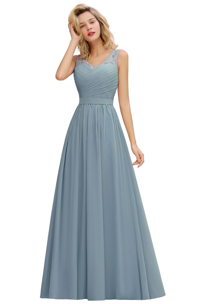 Amazing V-Neck Aline Ruffle Chiffon Bridesmaid Dress Sleeveless Floral Evening Dress