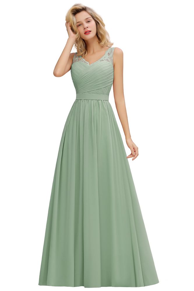 Amazing V-Neck Aline Ruffle Chiffon Bridesmaid Dress Sleeveless Floral Evening Dress