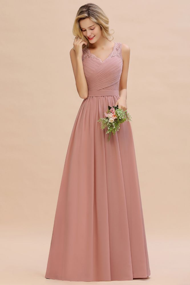 Amazing V-Neck Aline Ruffle Chiffon Bridesmaid Dress Sleeveless Floral Evening Dress