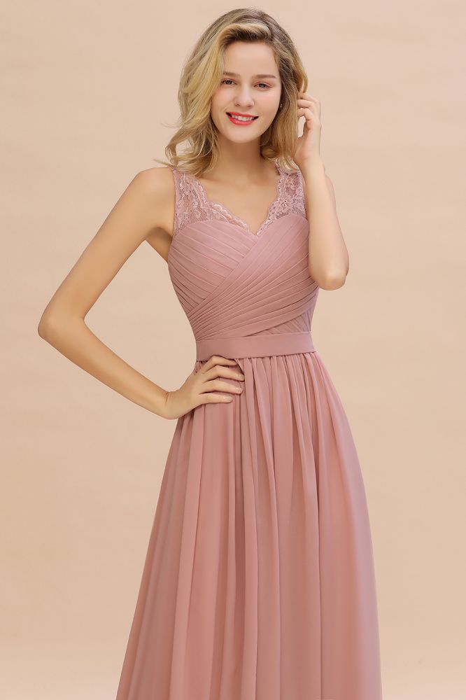 Amazing V-Neck Aline Ruffle Chiffon Bridesmaid Dress Sleeveless Floral Evening Dress