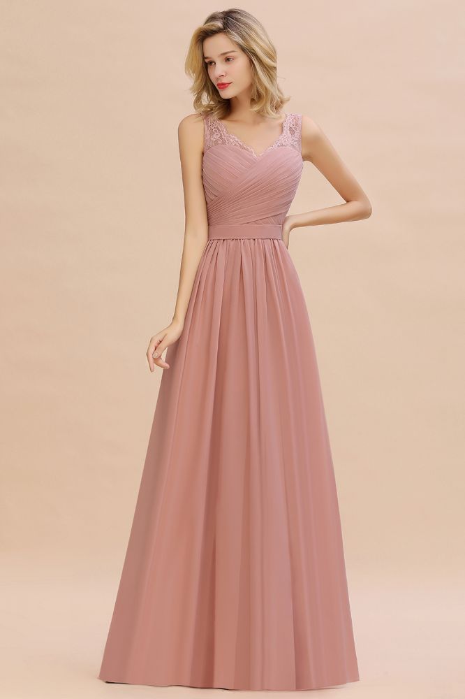 Amazing V-Neck Aline Ruffle Chiffon Bridesmaid Dress Sleeveless Floral Evening Dress