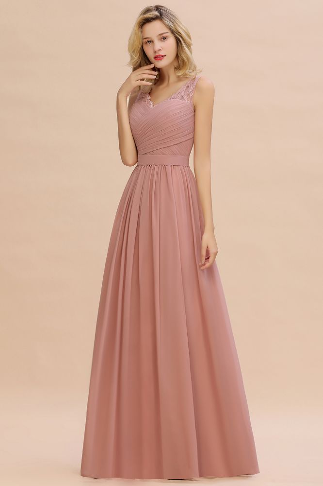 Amazing V-Neck Aline Ruffle Chiffon Bridesmaid Dress Sleeveless Floral Evening Dress