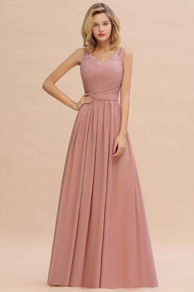 Amazing V-Neck Aline Ruffle Chiffon Bridesmaid Dress Sleeveless Floral Evening Dress