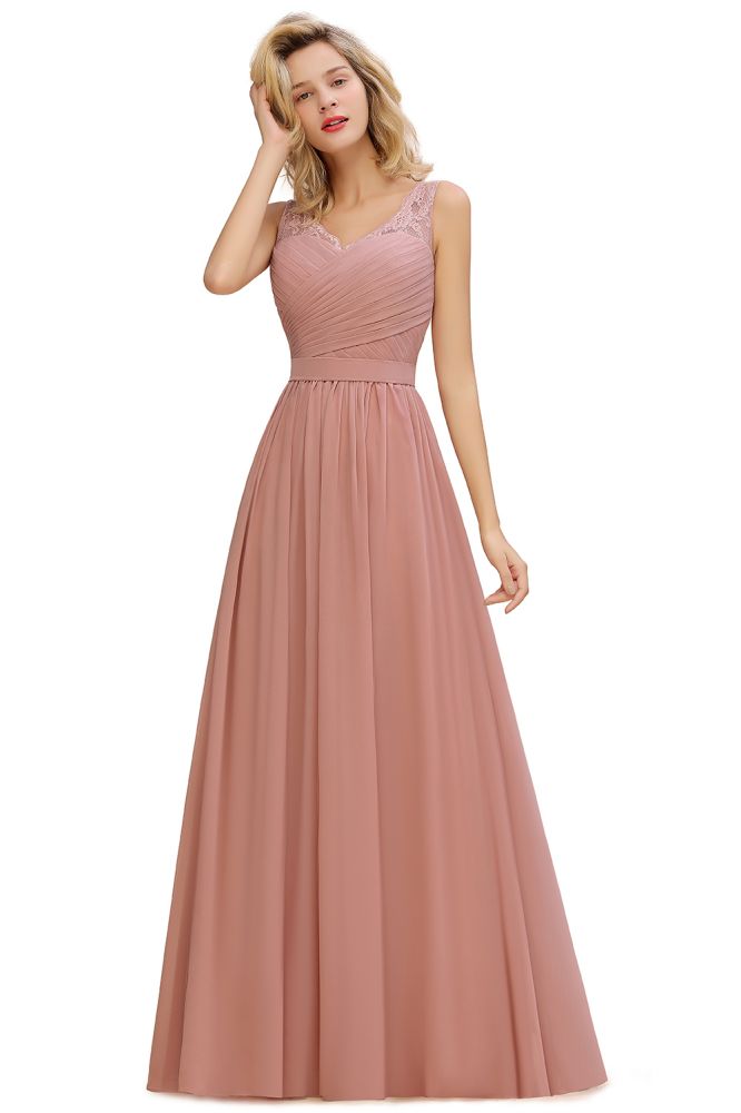 Amazing V-Neck Aline Ruffle Chiffon Bridesmaid Dress Sleeveless Floral Evening Dress