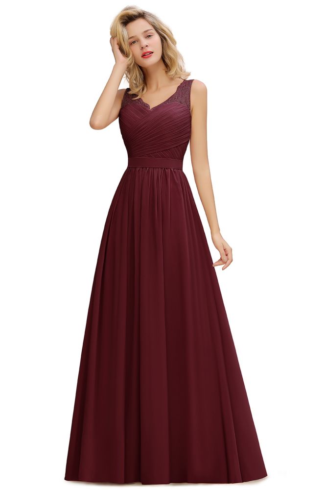 Amazing V-Neck Aline Ruffle Chiffon Bridesmaid Dress Sleeveless Floral Evening Dress