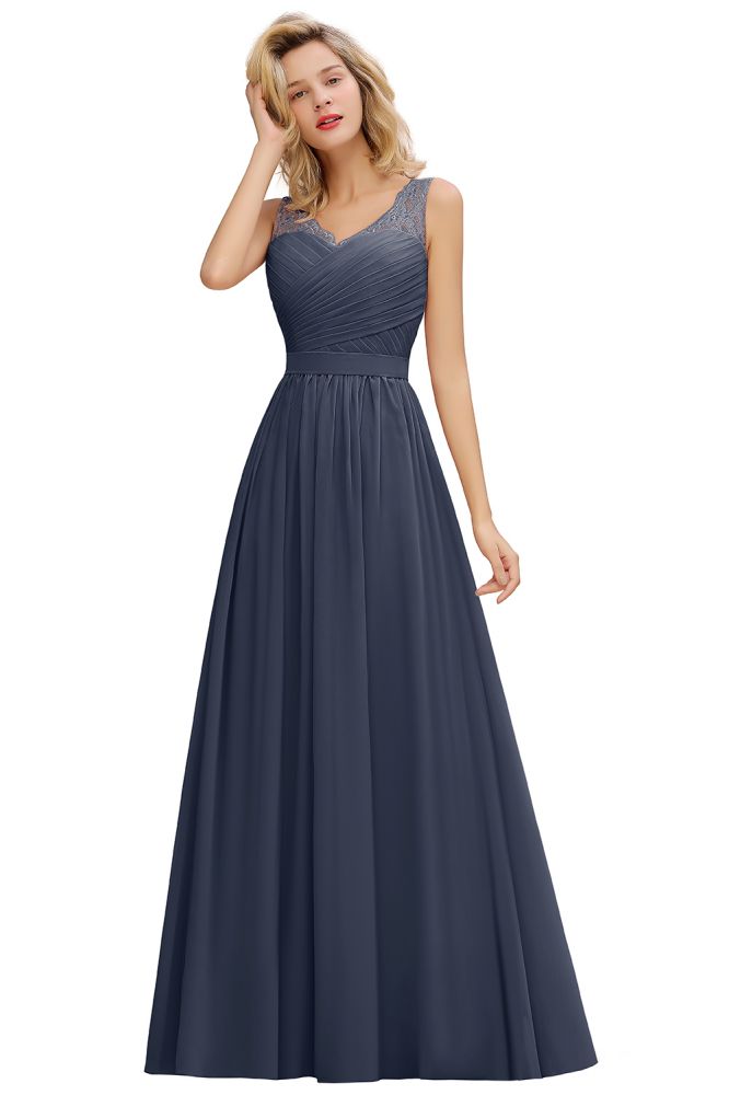 Amazing V-Neck Aline Ruffle Chiffon Bridesmaid Dress Sleeveless Floral Evening Dress