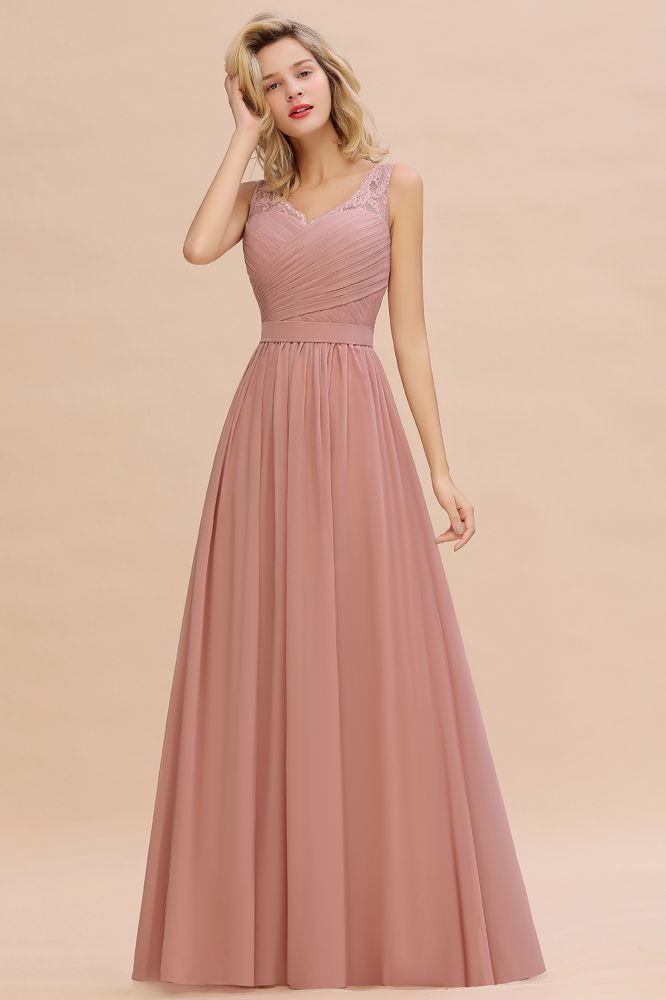 Amazing V-Neck Aline Ruffle Chiffon Bridesmaid Dress Sleeveless Floral Evening Dress