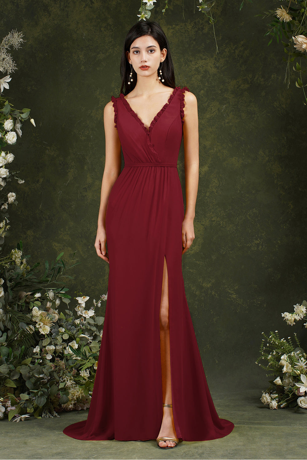 V-Neck Bridesmaid Dresses Chiffon With Slit