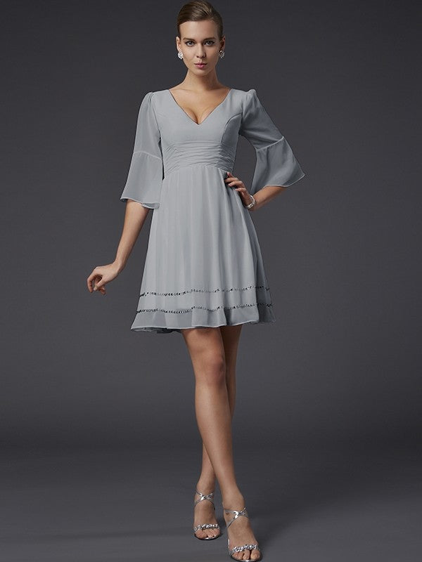 V-Neck Elegant 1/2 Sleeves Beading Short Chiffon Bridesmaid Dresses