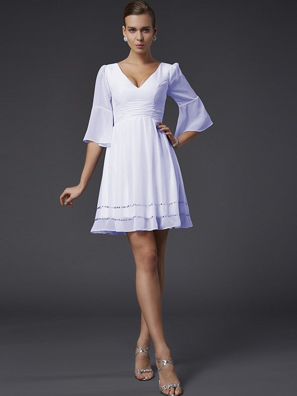 V-Neck Elegant 1/2 Sleeves Beading Short Chiffon Bridesmaid Dresses