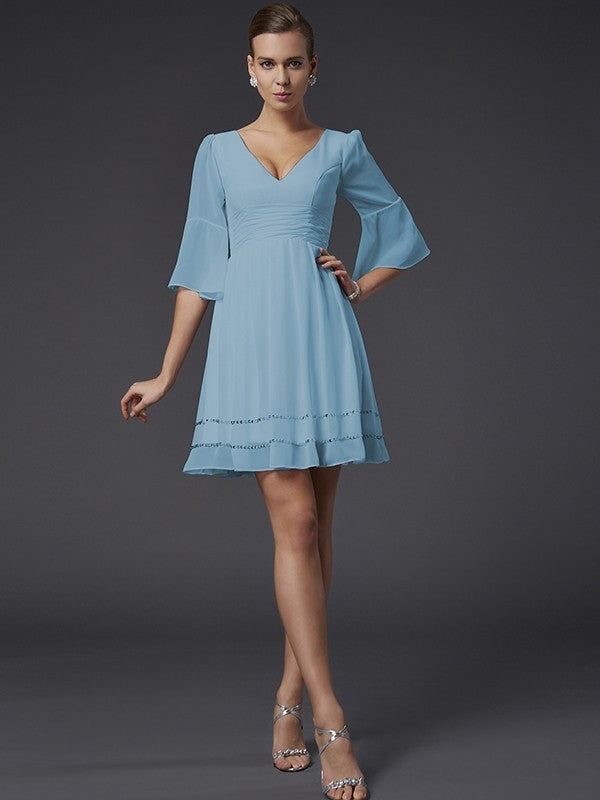 V-Neck Elegant 1/2 Sleeves Beading Short Chiffon Bridesmaid Dresses