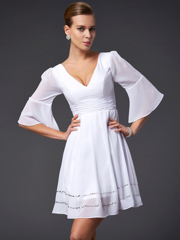 V-Neck Elegant 1/2 Sleeves Beading Short Chiffon Bridesmaid Dresses