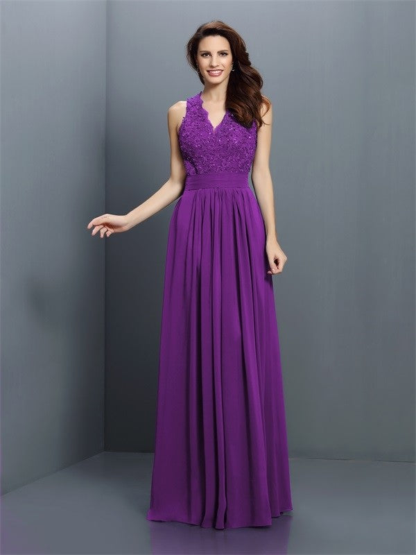 V-Neck Elegant Applique Sleeveless Long Chiffon Bridesmaid Dresses