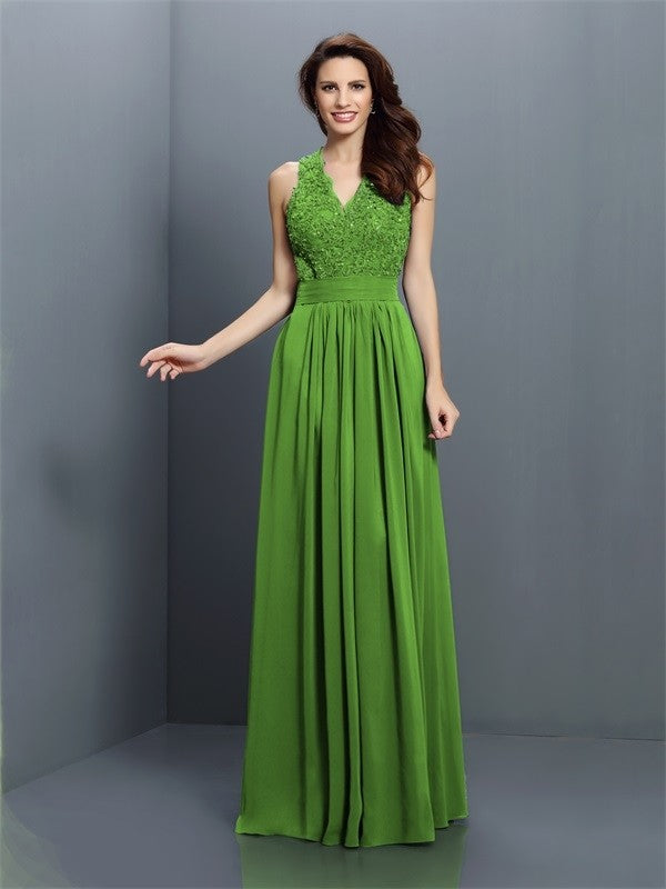 V-Neck Elegant Applique Sleeveless Long Chiffon Bridesmaid Dresses