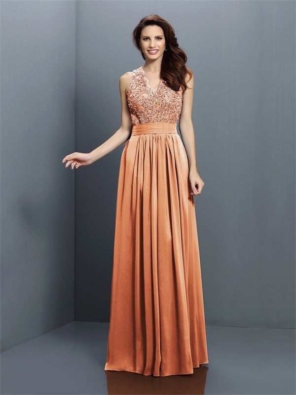 V-Neck Elegant Applique Sleeveless Long Chiffon Bridesmaid Dresses