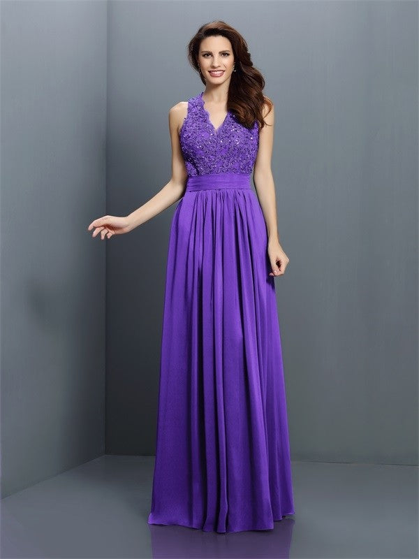 V-Neck Elegant Applique Sleeveless Long Chiffon Bridesmaid Dresses