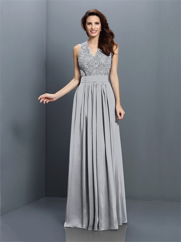 V-Neck Elegant Applique Sleeveless Long Chiffon Bridesmaid Dresses