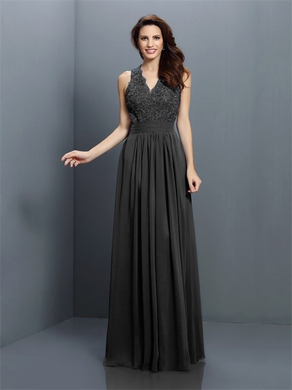 V-Neck Elegant Applique Sleeveless Long Chiffon Bridesmaid Dresses