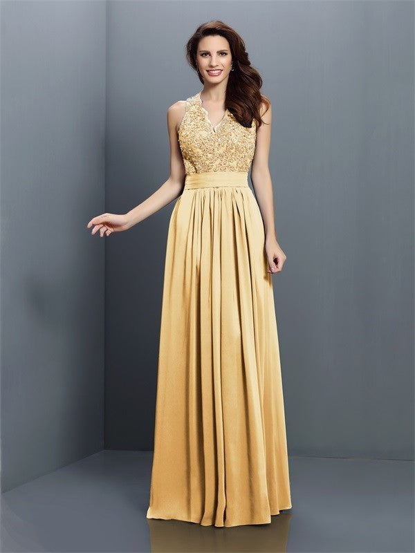 V-Neck Elegant Applique Sleeveless Long Chiffon Bridesmaid Dresses