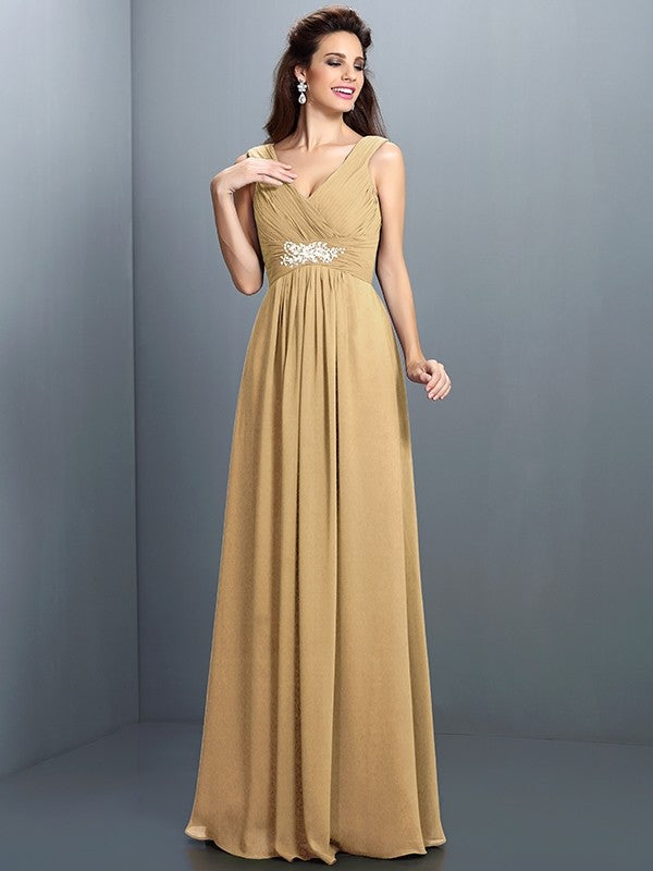 V-Neck Elegant Beading Pleats Sleeveless Long Chiffon Bridesmaid Dresses