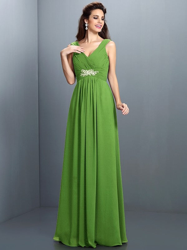 V-Neck Elegant Beading Pleats Sleeveless Long Chiffon Bridesmaid Dresses