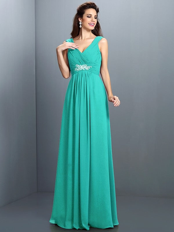 V-Neck Elegant Beading Pleats Sleeveless Long Chiffon Bridesmaid Dresses