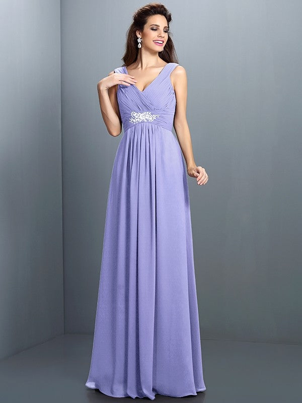 V-Neck Elegant Beading Pleats Sleeveless Long Chiffon Bridesmaid Dresses