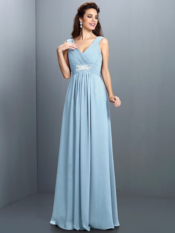 V-Neck Elegant Beading Pleats Sleeveless Long Chiffon Bridesmaid Dresses