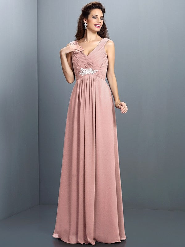 V-Neck Elegant Beading Pleats Sleeveless Long Chiffon Bridesmaid Dresses